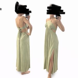 Anthropologie Sage Green Twist-Front Maxi Dress with Side Slit